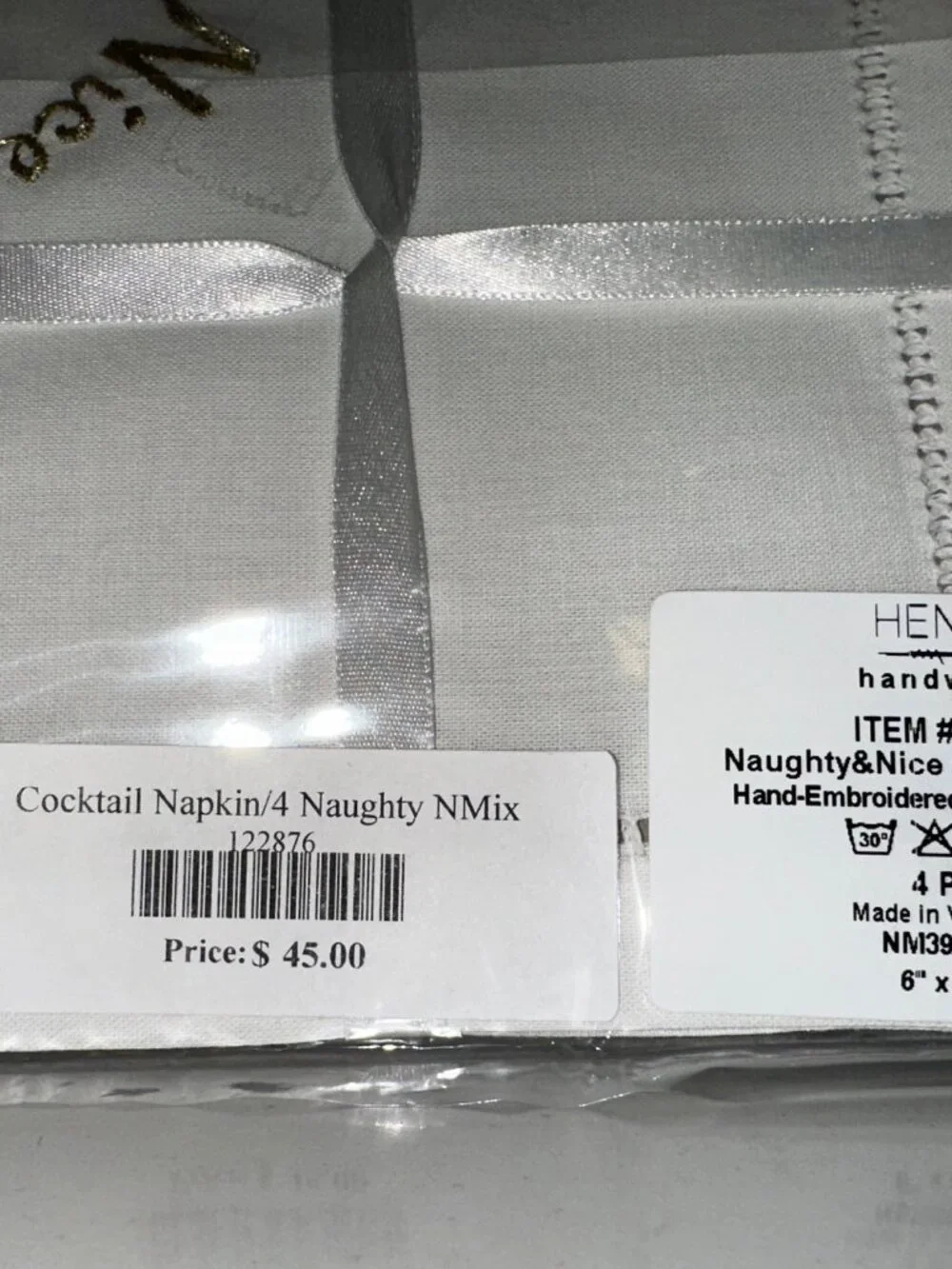 NWT Naughty & Nice Set of Four Linen 100% Cotton Cocktail Napkins Hemstitch 6x6
